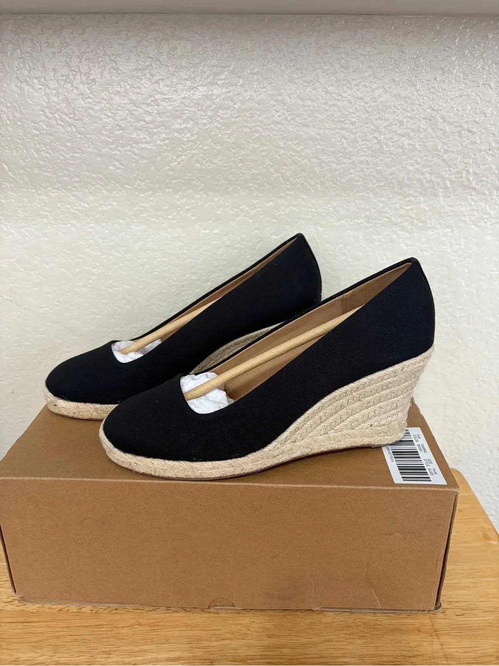 J. Crew Black Canvas Espadrille Wedge Pumps Size 7.5 Heels Round Toe Slip On
